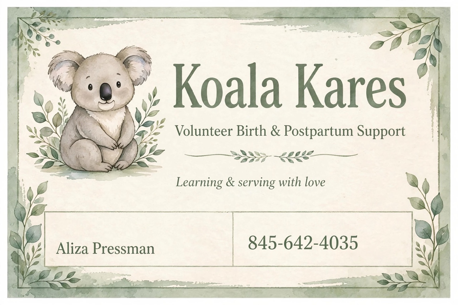 Koala Kares volunteer birth and postpartum support card